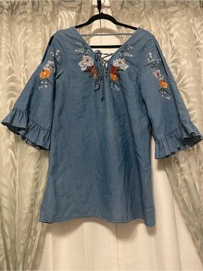 Vintage Flying Tomato Denim Blue Embroidered Peasant Dress